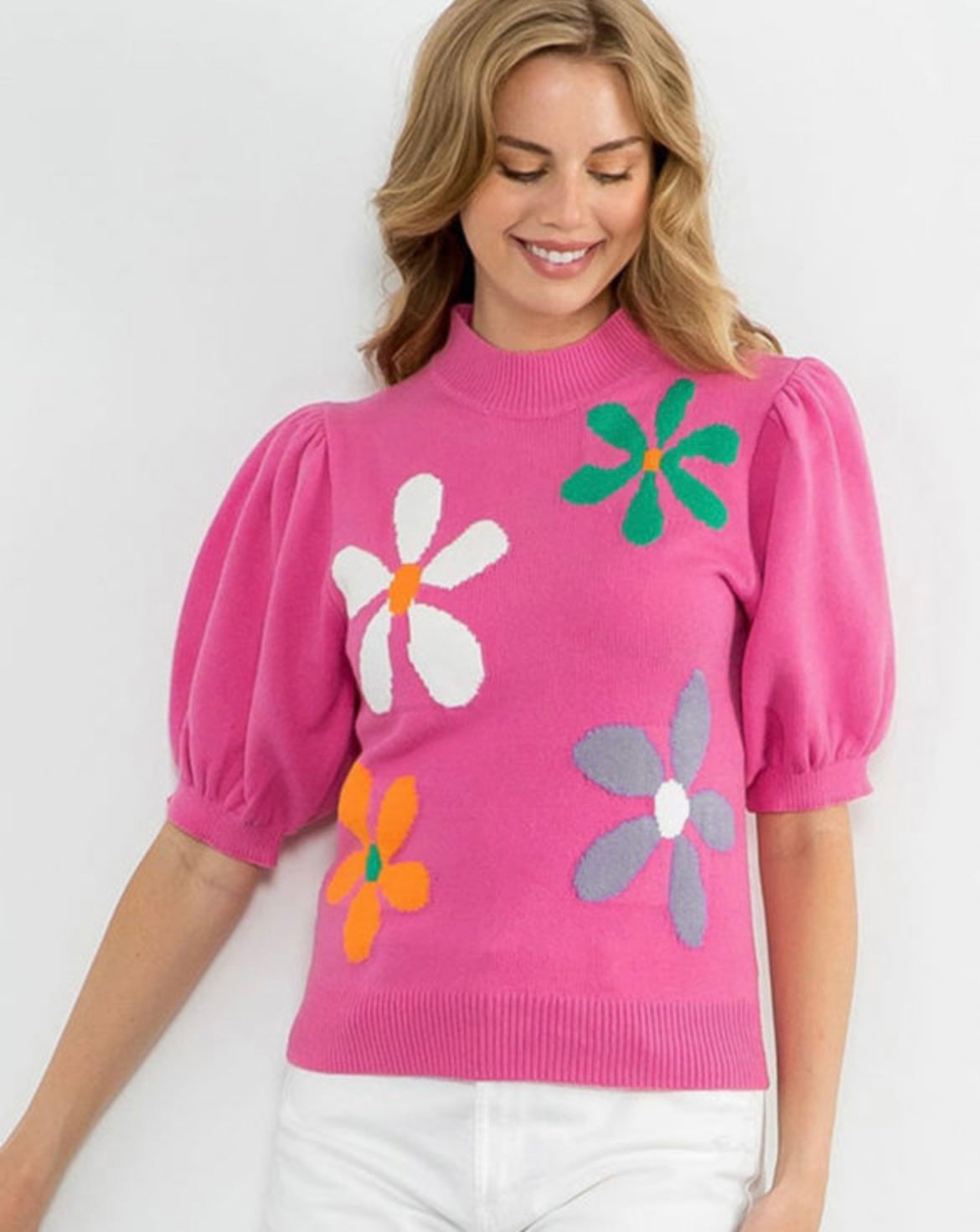 Floral short sleeve sweater