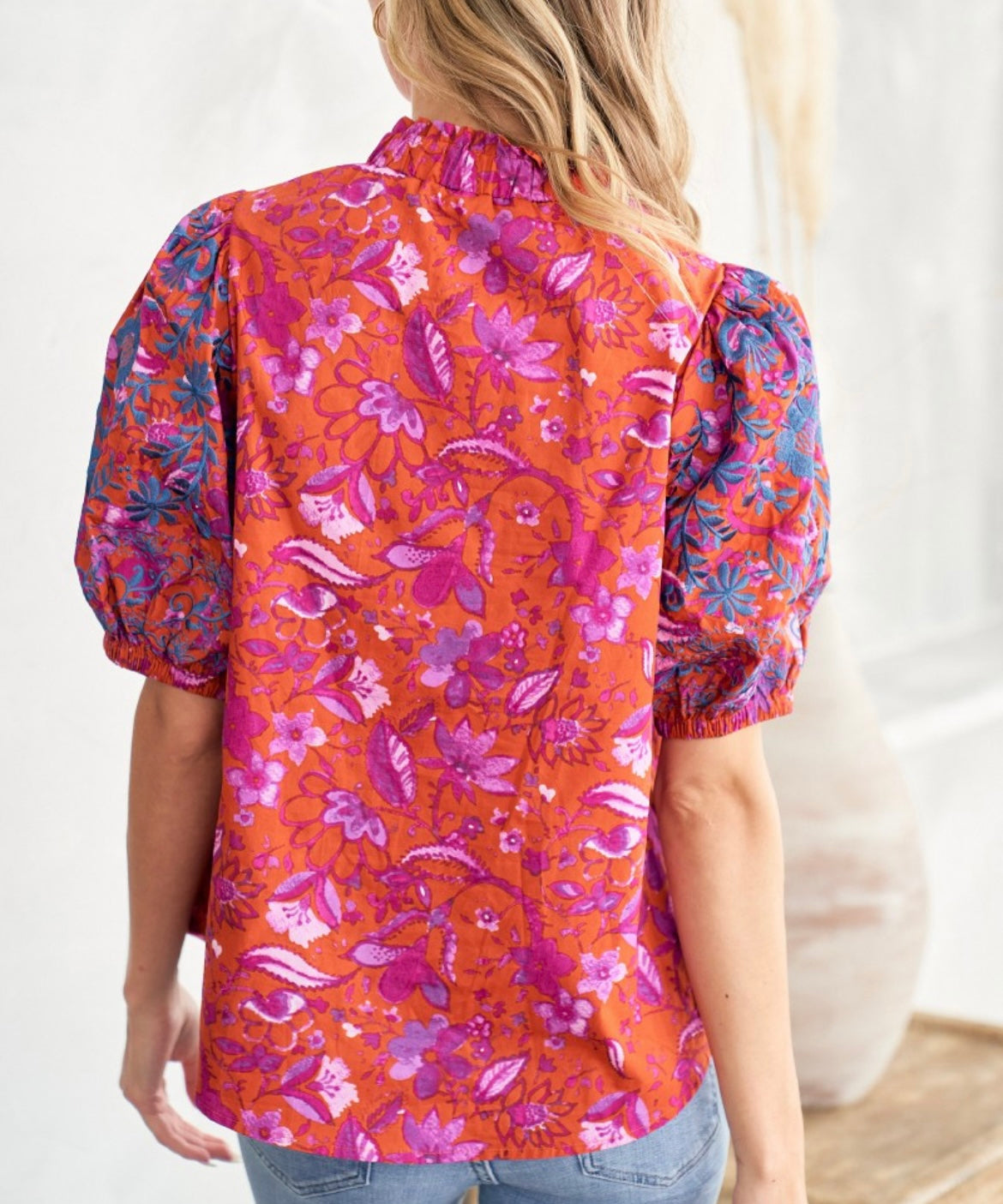 Rust embroidered sleeve top