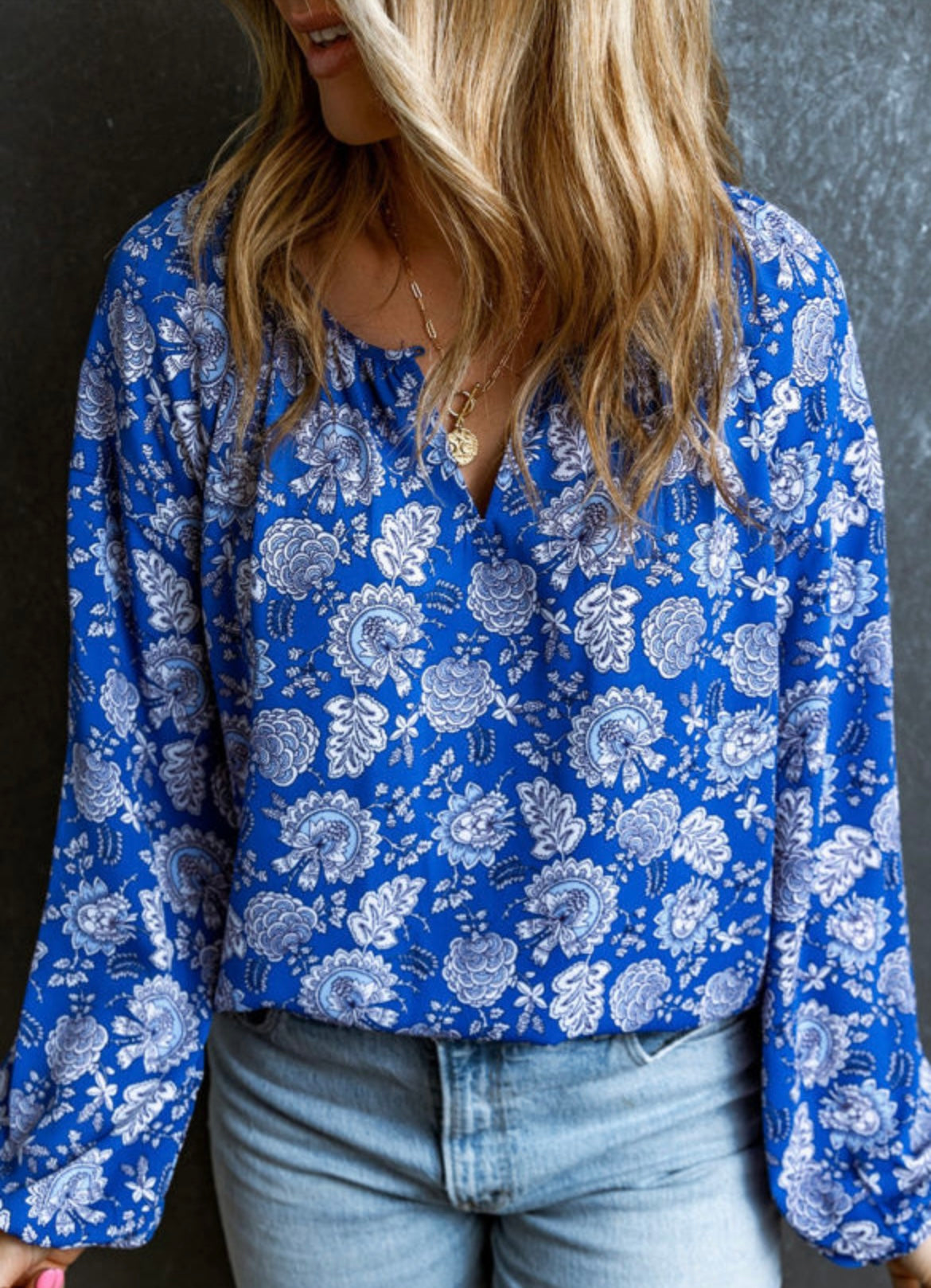 Blue floral long sleeve blouse