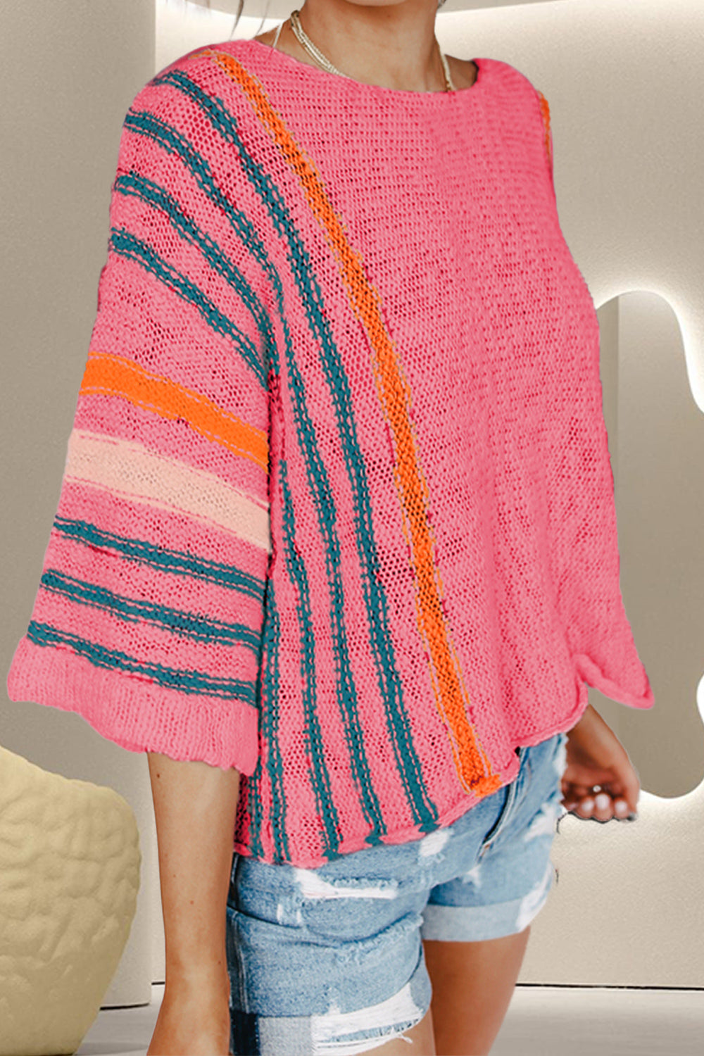 Striped Boat Neck Three-Quarter Sleeve Knit Top