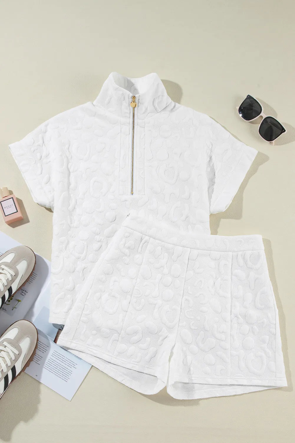 Half Zip Short Sleeve Top and Shorts Set