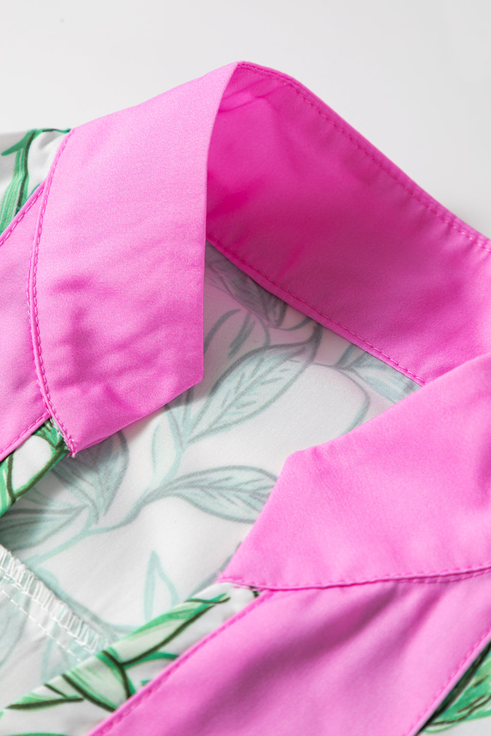 Green Leaves Pattern Color Block V Neck Puff Blouse