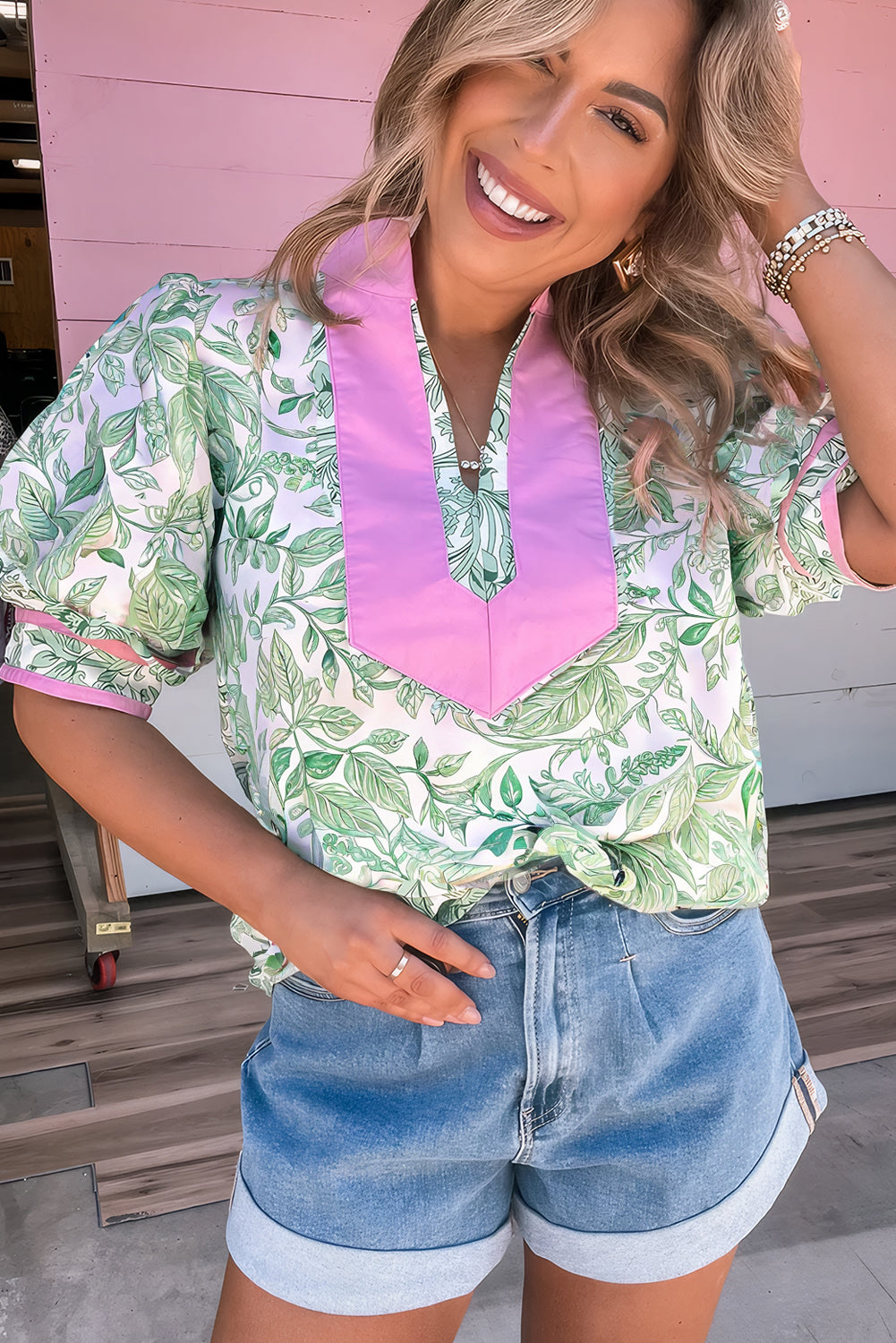 Green Leaves Pattern Color Block V Neck Puff Blouse