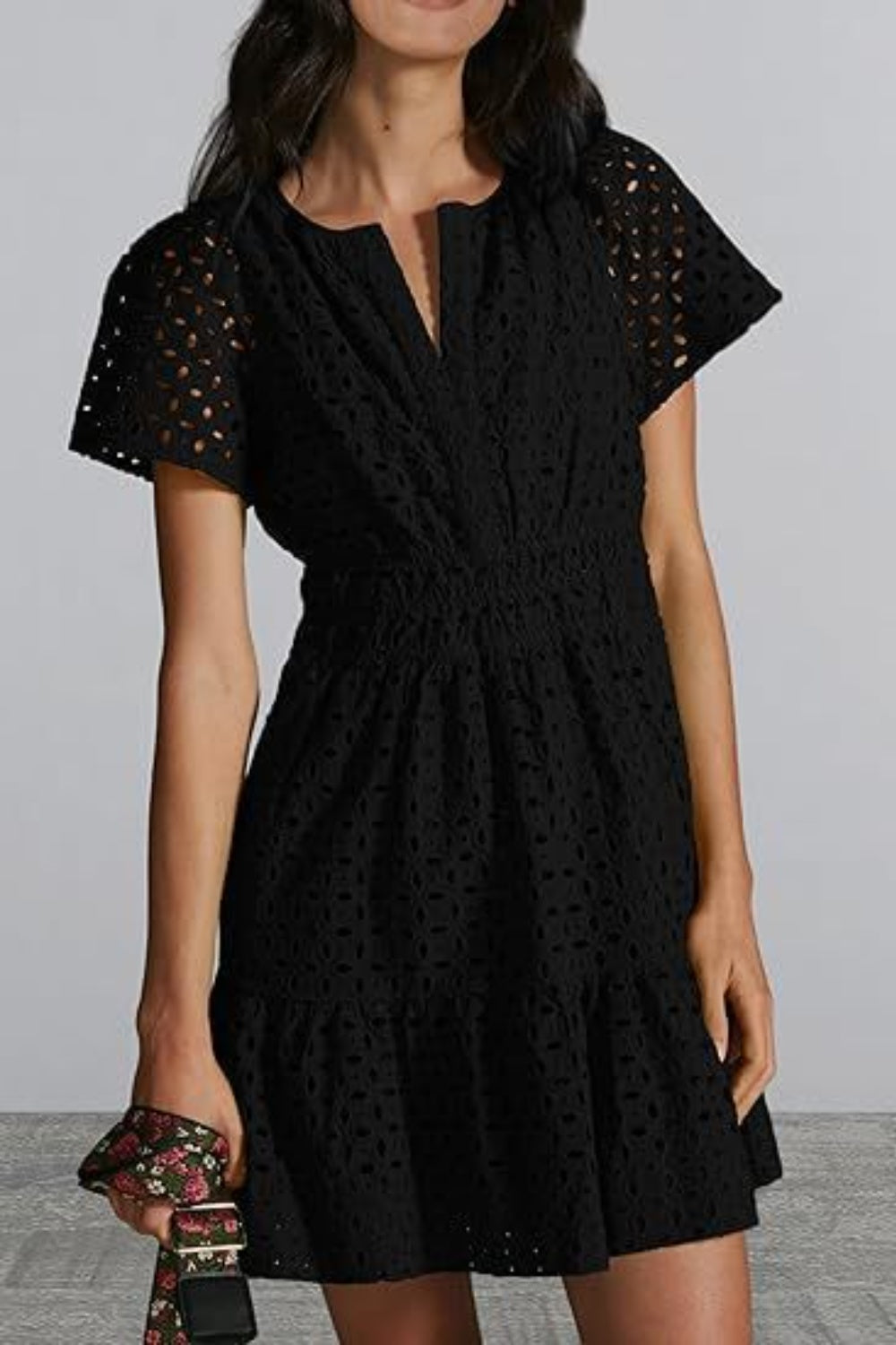 Eyelet Notched Short Sleeve Mini Dress