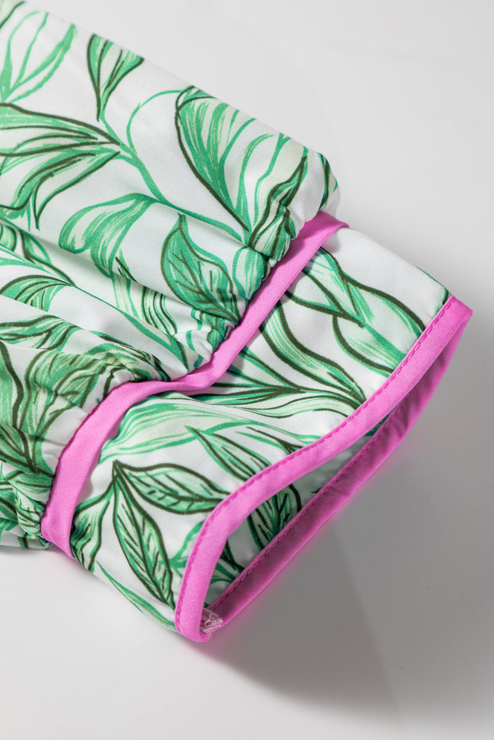 Green Leaves Pattern Color Block V Neck Puff Blouse