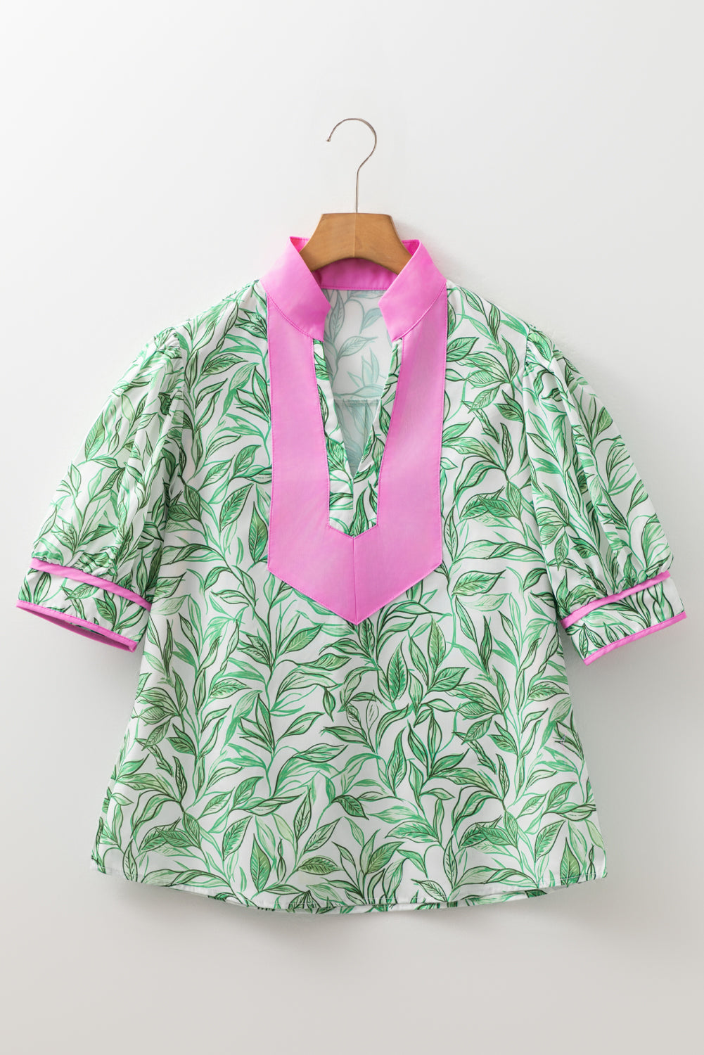 Green Leaves Pattern Color Block V Neck Puff Blouse