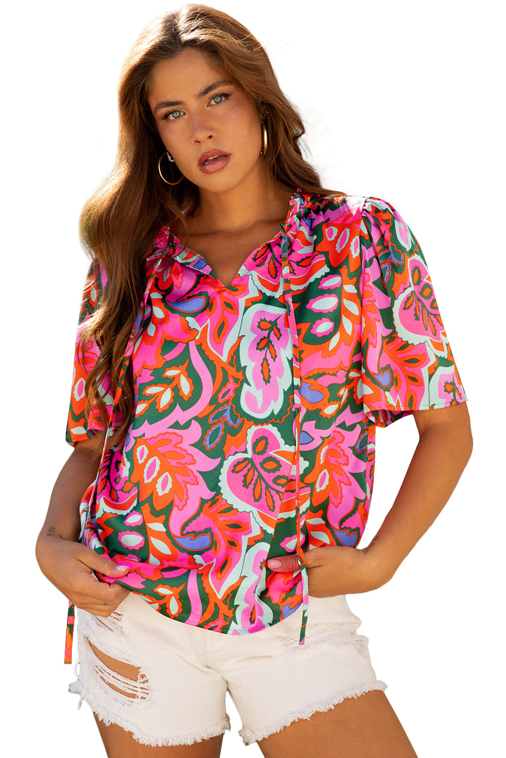 Rose Summer V Neck Short Sleeve Blouse