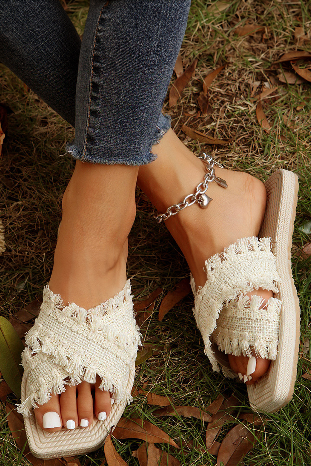 Beige Tassel Woven Crossed Straps Flat Sandal