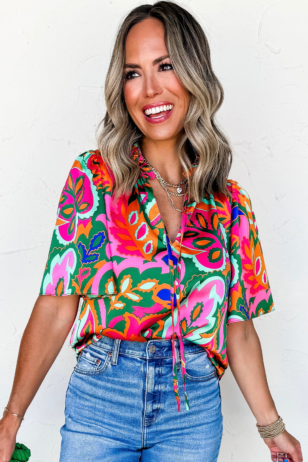 Rose Summer V Neck Short Sleeve Blouse