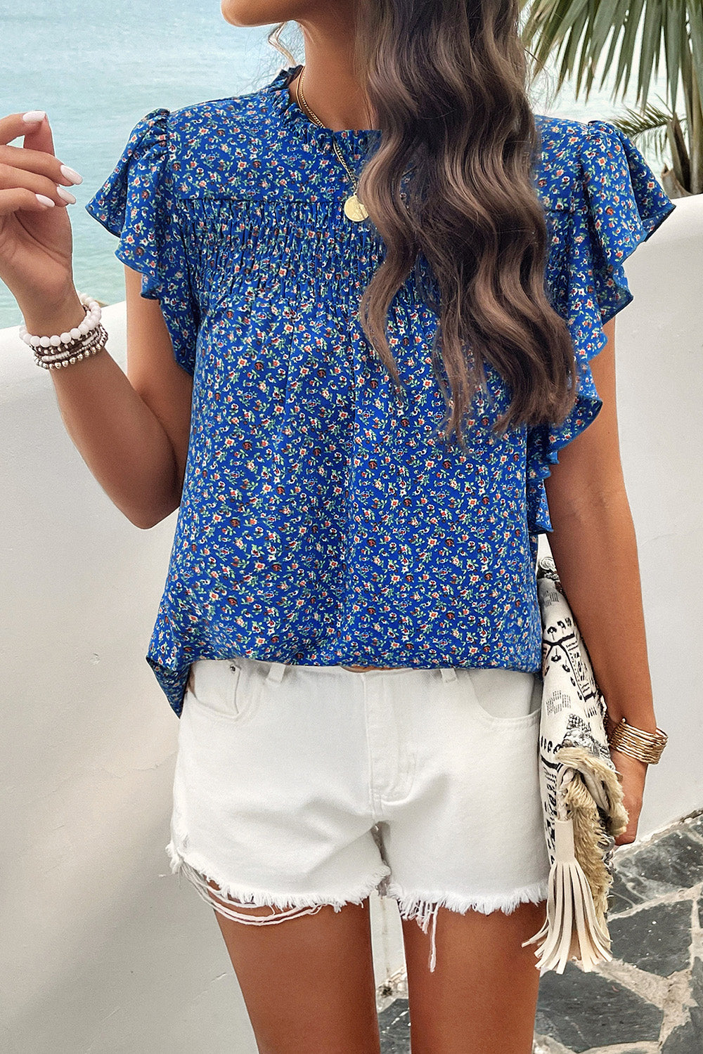 Smocked Printed Mock Neck Cap Sleeve Blouse