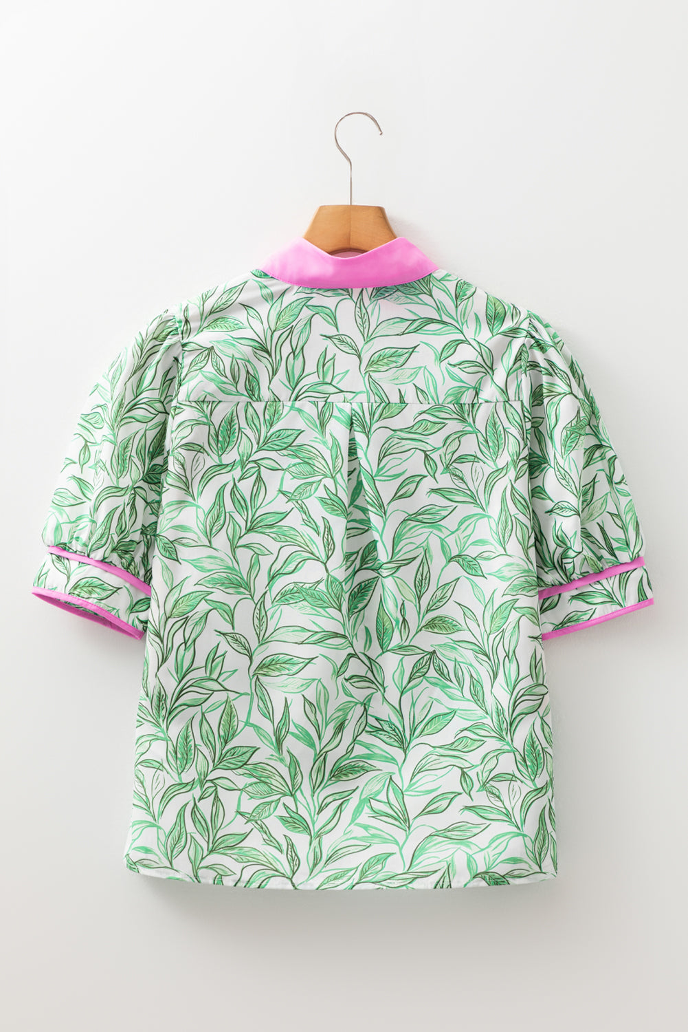 Green Leaves Pattern Color Block V Neck Puff Blouse