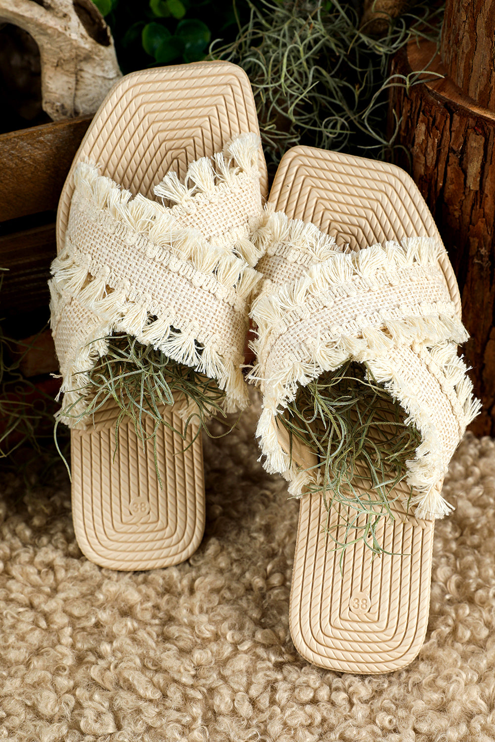 Beige Tassel Woven Crossed Straps Flat Sandal