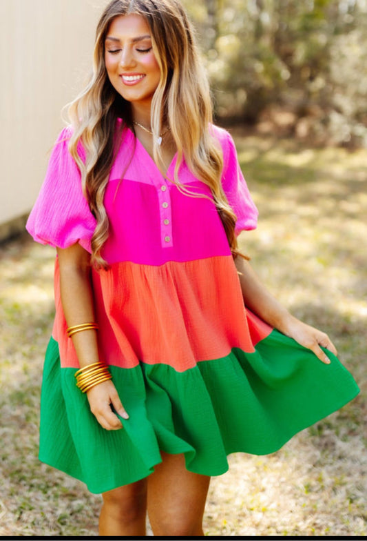 Colorblock tiered dress