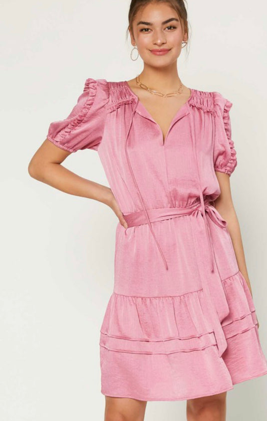 Puff sleeve pink dress