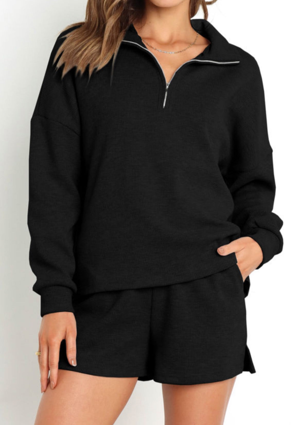 Zipper sweatshirt and shorts set