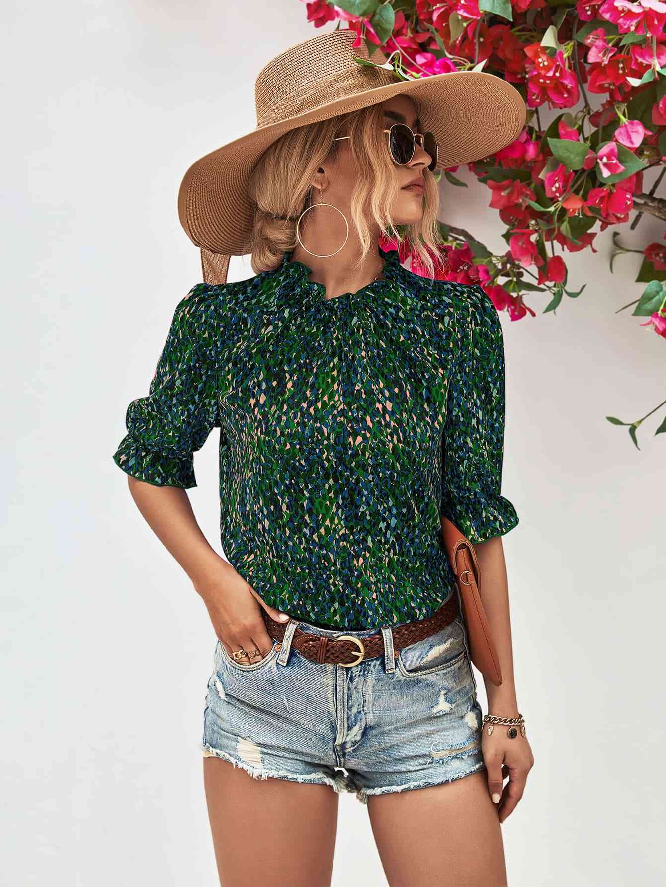 Printed Flounce Sleeve Blouse