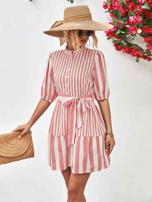 Striped Half Sleeve Tie Waist Mini Dress