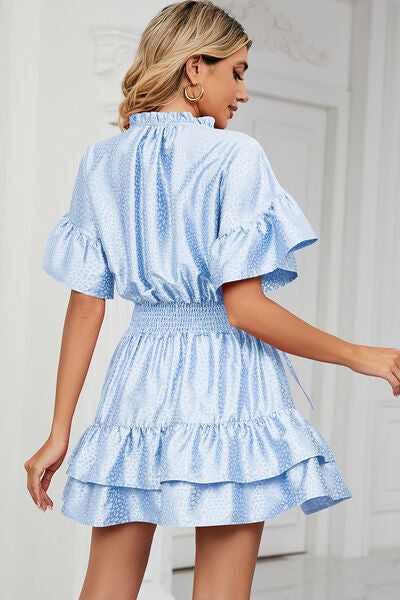 Smocked Tie Neck Flounce Sleeve Dress