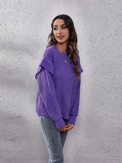 Ruffled Round Neck Dropped Shoulder Sweater