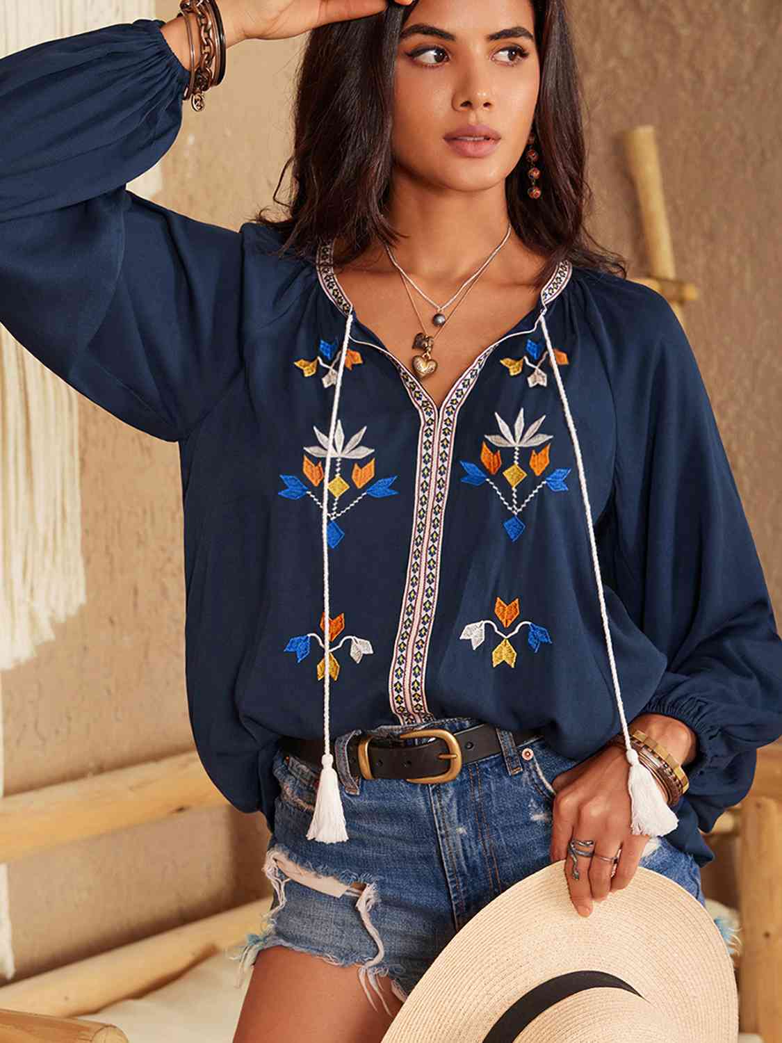 Floral Tie Neck Balloon Sleeve Blouse