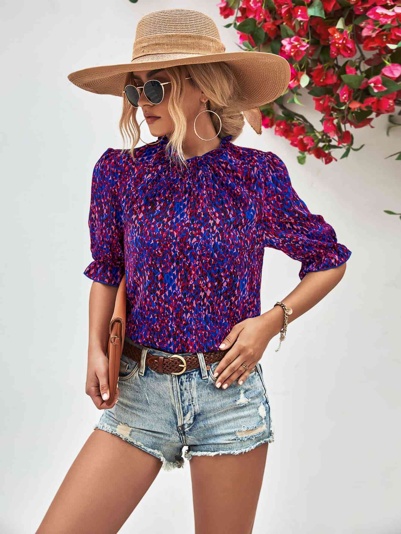 Printed Flounce Sleeve Blouse