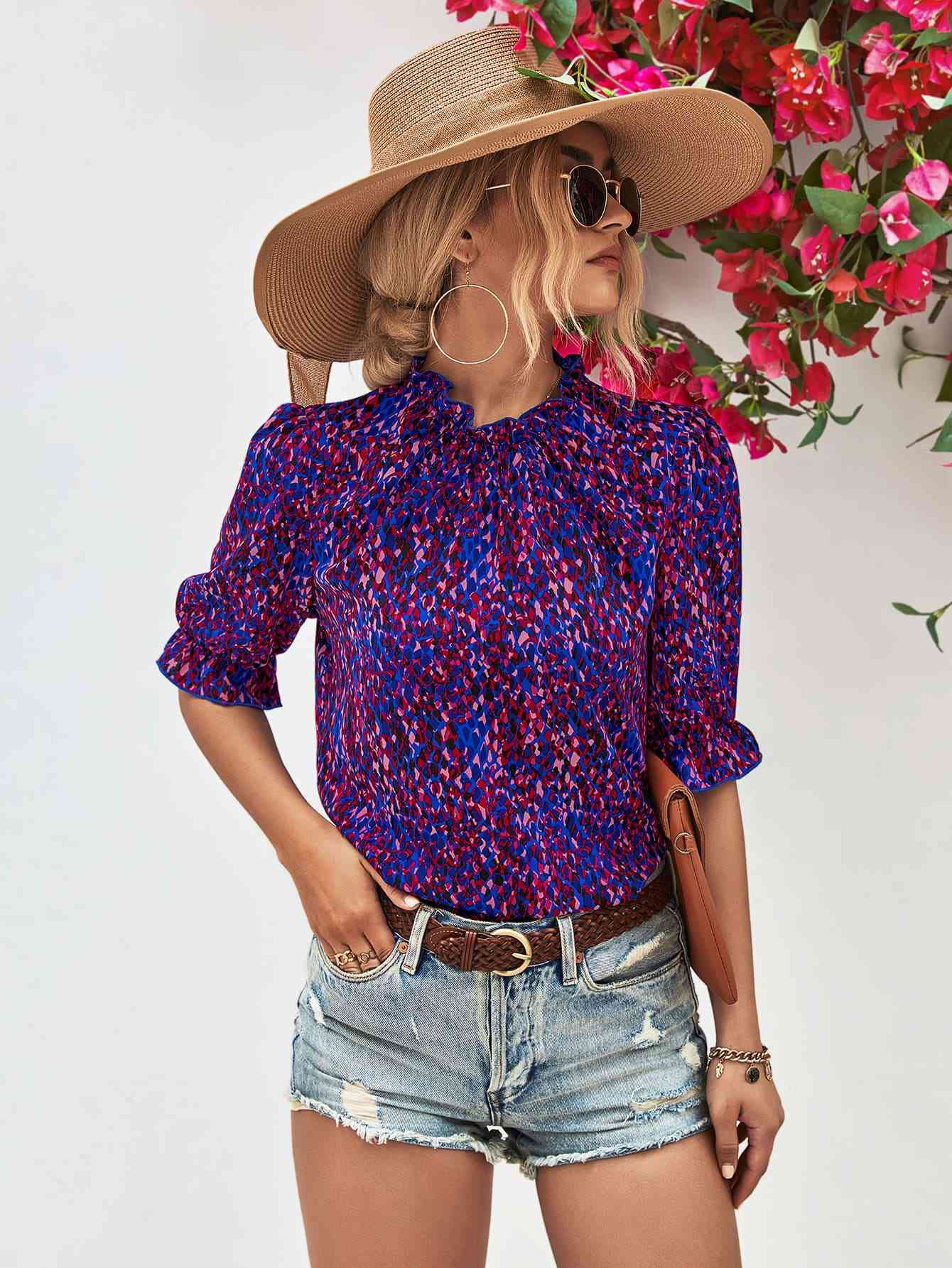 Printed Flounce Sleeve Blouse