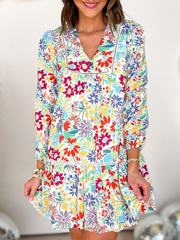 V-Neck Floral Print Long Sleeve Mini Dress